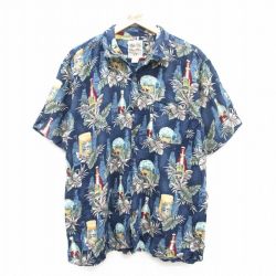 L★古着 STEVE&BARRYS 半袖 ハワイアン シャツ メンズ ビール レーヨン 開襟 オープンカラー 紺他 ネイビー 25jun24 中古 アロハ トップス