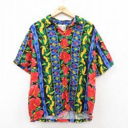 【50%OFF】L★古着 半袖 ハワイアン シャツ メンズ 90年代 90s ハイビスカス レーヨン 開襟 オープンカラー ハワイ製 黒他 ブラック 【spe】 25jun24 中古 アロハ トップス