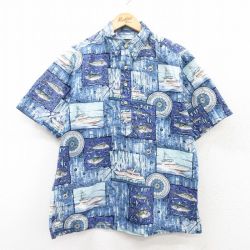 L★古着 半袖 ハワイアン シャツ メンズ 90年代 90s 魚 方位磁石 船 ボタンダウン ハワイ製 紺他 ネイビー 25jun24 中古 アロハ トップス