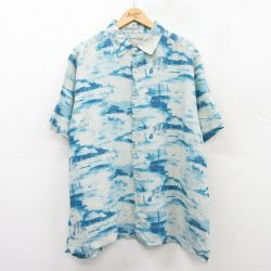 XL★古着 半袖 ハワイアン シャツ メンズ ヤシの木 方位磁石 灯台 シルク 青緑系他 25jun24 中古 アロハ トップス
