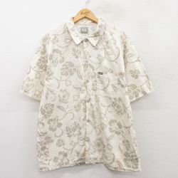 XL★古着 クイックシルバー QUIKSILVER 半袖 ハワイアン シャツ メンズ ハイビスカス コットン 薄ベージュ他 カーキ 25jun24 中古 アロハ トップス