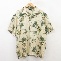 L★古着 半袖 ハワイアン シャツ メンズ ハイビスカス シルク 開襟 オープンカラー 薄ベージュ他 カーキ 25jun24 中古 アロハ トップス