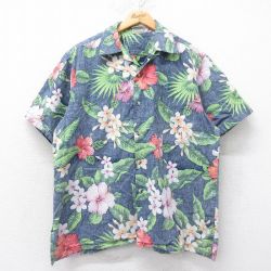 XL★古着 半袖 ハワイアン シャツ メンズ 90年代 90s ハイビスカス 開襟 オープンカラー USA製 紺他 ネイビー 25jun26 中古 アロハ トップス