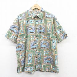 【50%OFF】XL★古着 半袖 ハワイアン シャツ メンズ 魚 大きいサイズ コットン 緑他 グリーン 25jun26 中古 アロハ トップス