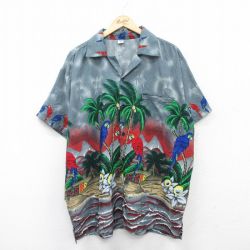 XL★古着 半袖 ハワイアン シャツ メンズ ヤシの木 鳥 大きいサイズ 開襟 オープンカラー グレー他 25jun26 中古 アロハ トップス