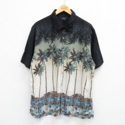 XL★古着 半袖 ハワイアン シャツ メンズ ヤシの木 レーヨン 黒他 ブラック 25jun26 中古 アロハ トップス