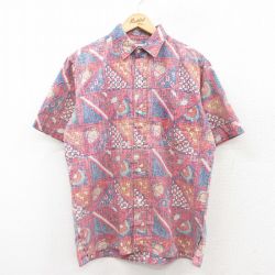 L★古着 レインスプーナー REYN SPOONER 半袖 ハワイアン シャツ メンズ 90年代 90s 魚 総柄 ピンク系他 【spe】 25jul11 中古 アロハ トップス