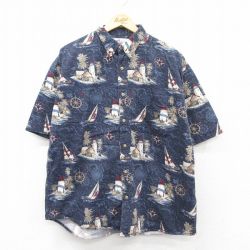 XL★古着 半袖 ハワイアン シャツ メンズ 90年代 90s ヨット 総柄 大きいサイズ コットン ボタンダウン 紺他 ネイビー 25aug06 中古 アロハ トップス