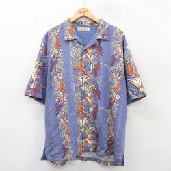 XL★古着 半袖 ハワイアン シャツ メンズ 花 ロング丈 シルク 開襟 オープンカラー 紫 パープル 25aug06 中古 アロハ トップス