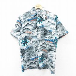 S★古着 半袖 ハワイアン シャツ メンズ 90年代 90s ヤシの木 グレー 25aug12 中古 アロハ トップス
