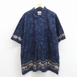 XL★古着 セントジョンズベイ 半袖 ハワイアン シャツ メンズ 00年代 00s ハイビスカス 大きいサイズ ロング丈 コットン 紺他【spe】 26apr25