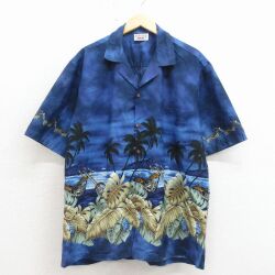 XL★古着 半袖 ハワイアン シャツ メンズ 90年代 90s バイク 大きいサイズ コットン 開襟 オープンカラー ハワイ製 紺他 26apr25