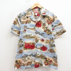 XL★古着 半袖 ハワイアン シャツ メンズ 90年代 90s ハイビスカス コットン 開襟 オープンカラー ハワイ製 薄グレー他 26apr25