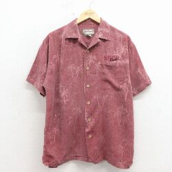 L★古着 ビッグドッグ 半袖 ハワイアン シャツ メンズ ヤシの木 シルク 開襟 オープンカラー エンジ 26apr25