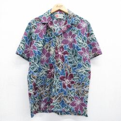 ヒロハッティ 90s 半袖ハワイアンシャツ ハイビスカス ネイビー L | 古着
