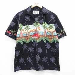 半袖ハワイアンシャツ ヤシの木車 ブラック L | 古着