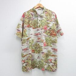 XL★古着 エルエルビーン 半袖 ハワイアン シャツ メンズ 00年代 00s ハイビスカス ヤシの木 大きいサイズ レーヨン ベージュ【spe】 26may21