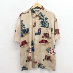 L★古着 ピューリタン 半袖 ハワイアン シャツ メンズ 00年代 00s ホットロッド レーヨン ベージュ【spe】 26may23