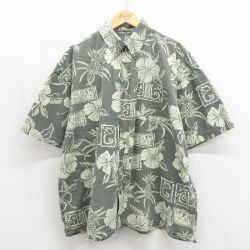 XL★古着 ビッグドッグス 半袖 ハワイアン シャツ メンズ 00年代 00s 花 大きいサイズ コットン ボタンダウン カーキ【spe】 26jun09