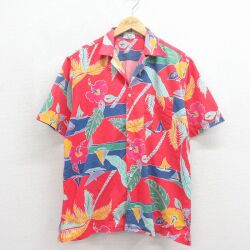 L★古着 ラコステ LACOSTE IZOD 半袖 ブランド ハワイアン シャツ メンズ 90年代 90s ヤシの木 ハイビスカス コットン 開襟 オープンカラー レッド【spe】 26jun09