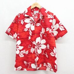 70s 半袖ハワイアンシャツ ハイビスカス レッド メンズL相当 | 古着