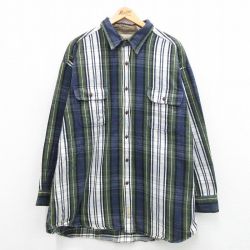 【50%OFF】XL★古着 長袖 フランネル シャツ メンズ 大きいサイズ ロング丈 コットン 紺他 ネイビー チェック 24jan22 中古 トップス