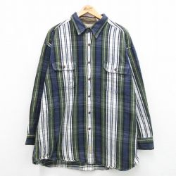 XL★古着 長袖 フランネル シャツ メンズ 大きいサイズ ロング丈 コットン 紺他 ネイビー チェック 24jan22 中古 トップス