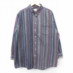 XL★古着 ピューリタン 長袖 フランネル シャツ メンズ 90年代 90s 大きいサイズ ボタンダウン 紺他 ネイビー ストライプ 24jan24 中古 トップス