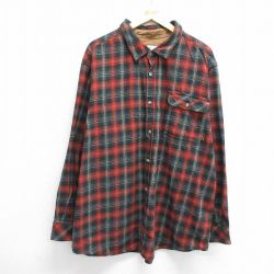 XL★古着 長袖 フランネル シャツ メンズ 大きいサイズ ロング丈 コットン 緑他 グリーン チェック 24sep18 中古 トップス