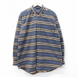 XL★古着 ノーティカ NAUTICA 長袖 ブランド フランネル シャツ メンズ 90年代 90s ワンポイントロゴ 大きいサイズ ロング丈 コットン ボタンダウン 紺他 ネイビー ボーダー 【spe】 24sep26 中古 トップス