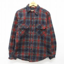 L★古着 長袖 フランネル シャツ メンズ 00年代 00s 濃紺他 ネイビー チェック 内側キルティング 24nov02 中古 トップス