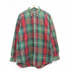 XL★古着 ラルフローレン Ralph Lauren 長袖 ブランド フランネル シャツ メンズ 90年代 90s ワンポイントロゴ BIG SHIRT 大きいサイズ ロング丈 コットン ボタンダウン 緑他 グリーン チェック 【spe】 24nov02 中古 トップス