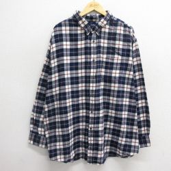 XL★古着 長袖 フランネル シャツ メンズ 大きいサイズ ロング丈 コットン 濃紺他 ネイビー チェック 24nov18 中古 トップス