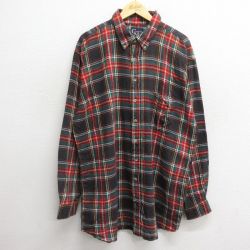 XL★古着 長袖 ヘビー フランネル シャツ メンズ 大きいサイズ ロング丈 コットン ボタンダウン 赤他 レッド チェック 24nov18 中古 トップス