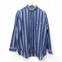 XL★古着 バンヒューセン 長袖 フランネル シャツ メンズ 90年代 90s 大きいサイズ コットン ボタンダウン 紺他 ネイビー ストライプ 24nov28 中古 トップス
