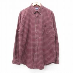 XL★古着 ランズエンド 長袖 ヘビー フランネル シャツ メンズ 00年代 00s ロング丈 コットン ボタンダウン エンジ他 チェック 24nov28 中古 トップス