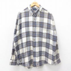 XL★古着 長袖 フランネル シャツ メンズ 大きいサイズ コットン ボタンダウン 紺他 ネイビー チェック 24nov28 中古 トップス