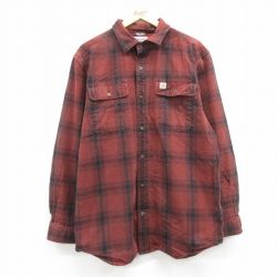 XL★古着 カーハート Carhartt 長袖 ヘビー フランネル シャツ メンズ ヘリンボーン 茶 ブラウン チェック 24dec05 中古 トップス