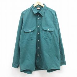 XL★古着 DEERSKIN 長袖 ヘビー フランネル シャツ メンズ 80年代 80s 大きいサイズ ロング丈 コットン USA製 青緑 24dec05 中古 トップス