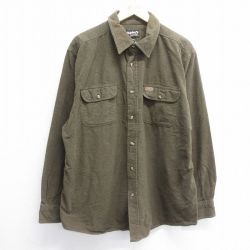 XL★古着 長袖 ヘビー フランネル シャツ メンズ 00年代 00s 大きいサイズ ロング丈 コットン 濃緑 グリーン 24dec07 中古 トップス