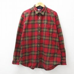 XL★古着 トミーヒルフィガー TOMMY HILFIGER 長袖 ブランド フランネル シャツ メンズ 90年代 90s ワンポイントロゴ 大きいサイズ コットン 赤他 レッド チェック 24dec16 中古 トップス