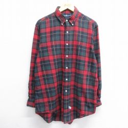 XL★古着 ラルフローレン Ralph Lauren 長袖 ブランド フランネル シャツ メンズ 90年代 90s ワンポイントロゴ ロング丈 コットン ボタンダウン 赤他 レッド チェック 24dec16 中古 トップス