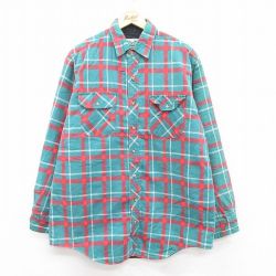 XL★古着 長袖 フランネル シャツ メンズ 00年代 00s ロング丈 青緑他 チェック 内側キルティング 24dec21 中古 トップス