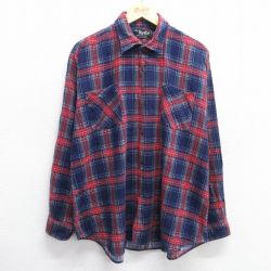 XL★古着 長袖 フランネル シャツ メンズ 90年代 90s 大きいサイズ コットン 濃紺他 ネイビー チェック 24dec26 中古 トップス