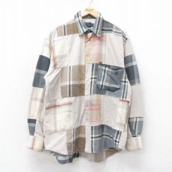 L★古着 長袖 フランネル シャツ メンズ 90年代 90s パッチワーク フリース使用 コットン イタリア製 ベージュ他 カーキ チェック 【spe】 25feb04 中古 トップス