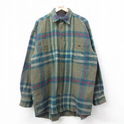 XL★古着 長袖 ウール シャツ メンズ 90年代 90s ヒジ当て 大きいサイズ ロング丈 緑他 グリーン チェック 25feb04 中古 トップス