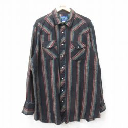 XL★古着 ラングラー Wrangler 長袖 フランネル ウエスタン シャツ メンズ 大きいサイズ ロング丈 コットン 黒他 ブラック ストライプ 25feb04 中古 トップス