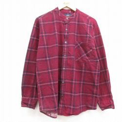 L★古着 長袖 ヘビー フランネル シャツ メンズ 00年代 00s コットン ノーカラー エンジ系他 チェック 25feb05 中古 トップス