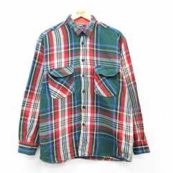 L★古着 長袖 ヘビー フランネル シャツ メンズ コットン 緑他 グリーン チェック 25feb07 中古 トップス