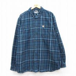 XL★古着 カーハート Carhartt 長袖 フランネル シャツ メンズ 大きいサイズ ロング丈 コットン ボタンダウン 紺他 ネイビー チェック 25feb07 中古 トップス